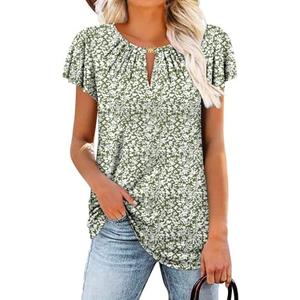 BETTE BOUTIK Womens Crewneck Short Sleeve KeyholeSummer Tunic Tops Pleated Shirts Blouses, L