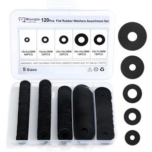 120Pcs Flat Rubber Washers Assortment Kit,16/18/20/25/30mm Black Washer, Vibration Absorbing Pads Sealing Rubber Washers for Faucets Garden Bolts Screws Hose Plumbing Shower Head- 5 Sizes
