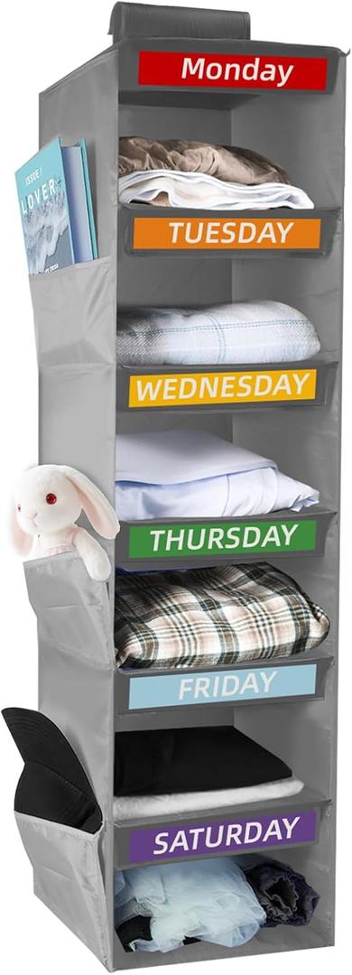 7-Shelf Weekly Clothes Organizer for Kids, Hanging Closet Organizer for Kids & Adults, Collapsible Hanging Closet Shelves, Monday-Saturday Days of The Week Clothes Shelves with 6 Side Pockets (Grey)