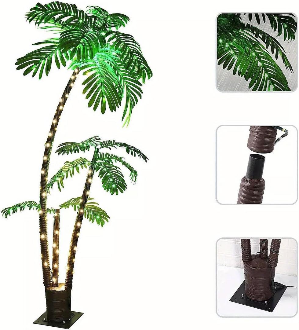 6ft Plug-in Lighted Palm Trees, Vibrant LED Artificial Fake Trees with 3 Trunks, for Outside Patio Home Pool Yard Patio Hawaiian Office Party Tiki Bar Decor