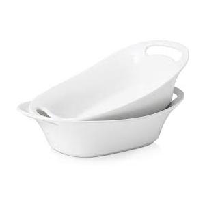 DOWAN Large Serving Bowls with Handles, 60 OZ Oval Serving Platter for Turkey, Fruit Salad Serving Dishes for Entertaining, Porcelain Pasta Bowls for Thanksgiving Day, Parties, Set of 2, Soft White
