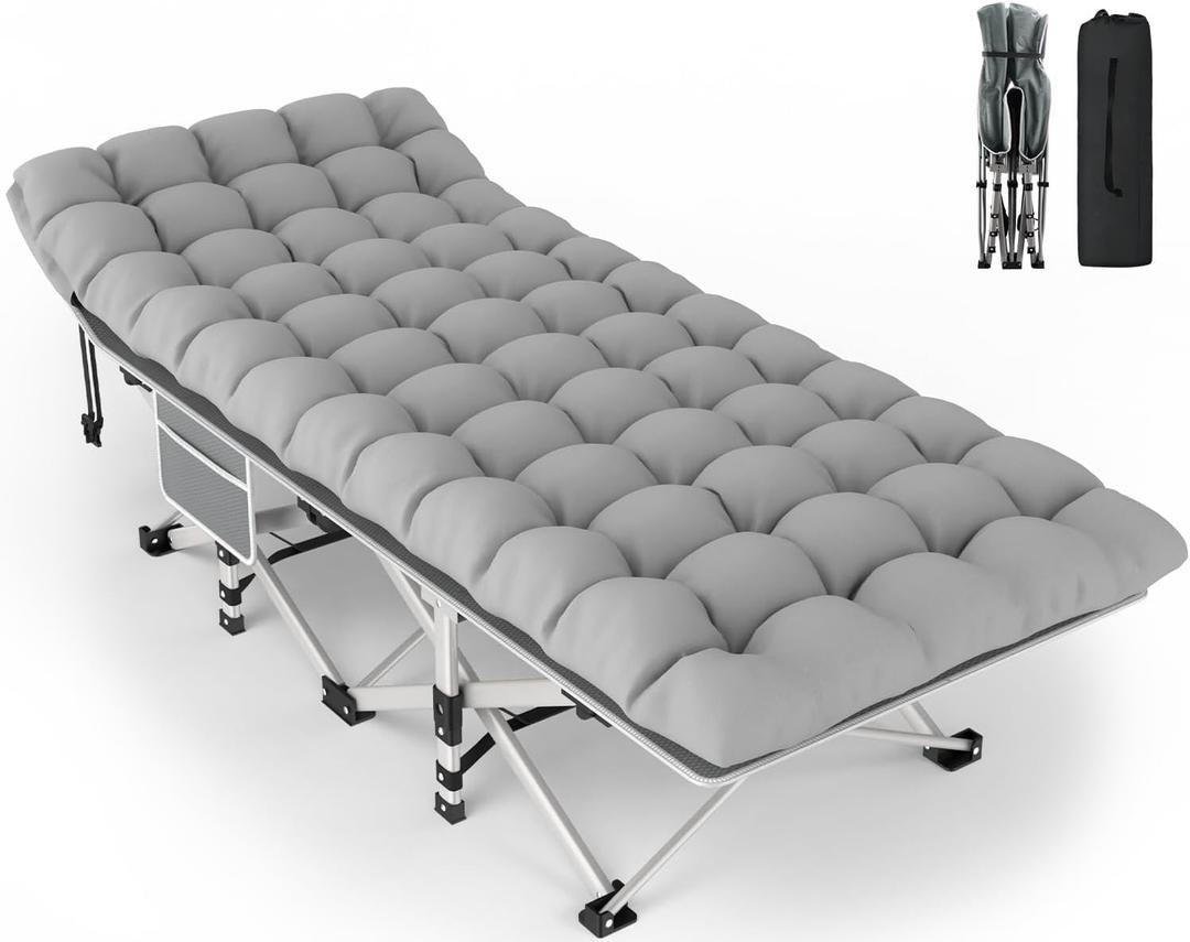 ZENPETIO 28In Folding Camping Cot for Adult, Portable Sleeping Cot with Mattress, Outdoor Heavy Duty Cot Bed for Camp with Carry Bag for Home, Office, Camp, Travel, Vacation(Max Loading 500lbs) (Gray Cot + Gray Pad)