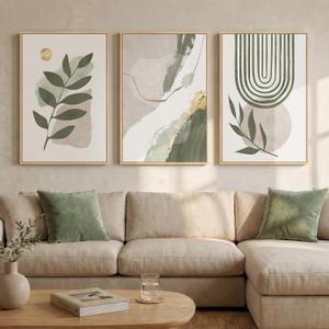 Large Framed Abstract Boho Sage Green Wall Art for Living Room, 24x36 Inch, 36" H x 24" W x 3Pcs