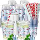 Jingmore 50 Pcs Cherry Plaid Party Disposable Plastic Cups 12 oz with Lids Straws Themed Party Supplies Plastic Tumbler for Birthday Table Decorations Favors(Red and Blue)