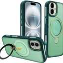 for iPhone 16 Plus Case with 360 Spin Magnetic Stand Compatible with MagSafe [Built-in Invisible Bracket][with Honeycomb Cooling Holes] Good Heat DissipationMetal Lens FrameGreen