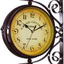 Wrought Iron Antique-Look Brown Round Wall Hanging Double Sided Two Faces Retro Station Clock Round Chandelier Clock with Scroll Wall Side Mount Home Dcor Wall Clock 8-inch