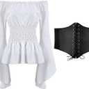Womens Renaissance Blouse Tops Corset Waist Belt Medieval Victorian Off Shoulder Long Sleeve Shirt Pirate Cosplay Costumes (Small)