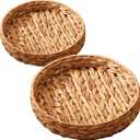 2Pcs Round Wicker Basket Tray, Large Woven Trays for Coffee Table Decor, Natural Water Hyacinth Serving Trays for Decor and Organization