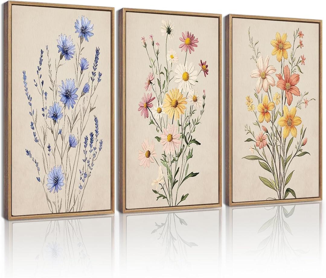 KUVIOKE Vintage Wildflower Bouquet Framed Wall Art Color Botanical Flower Wall Decor Modern Colorful Floral Hanging Decor for Living Laundry Dining 16x24in (Natural Framed) (24L" x 16W" x 3 Panels Natural)