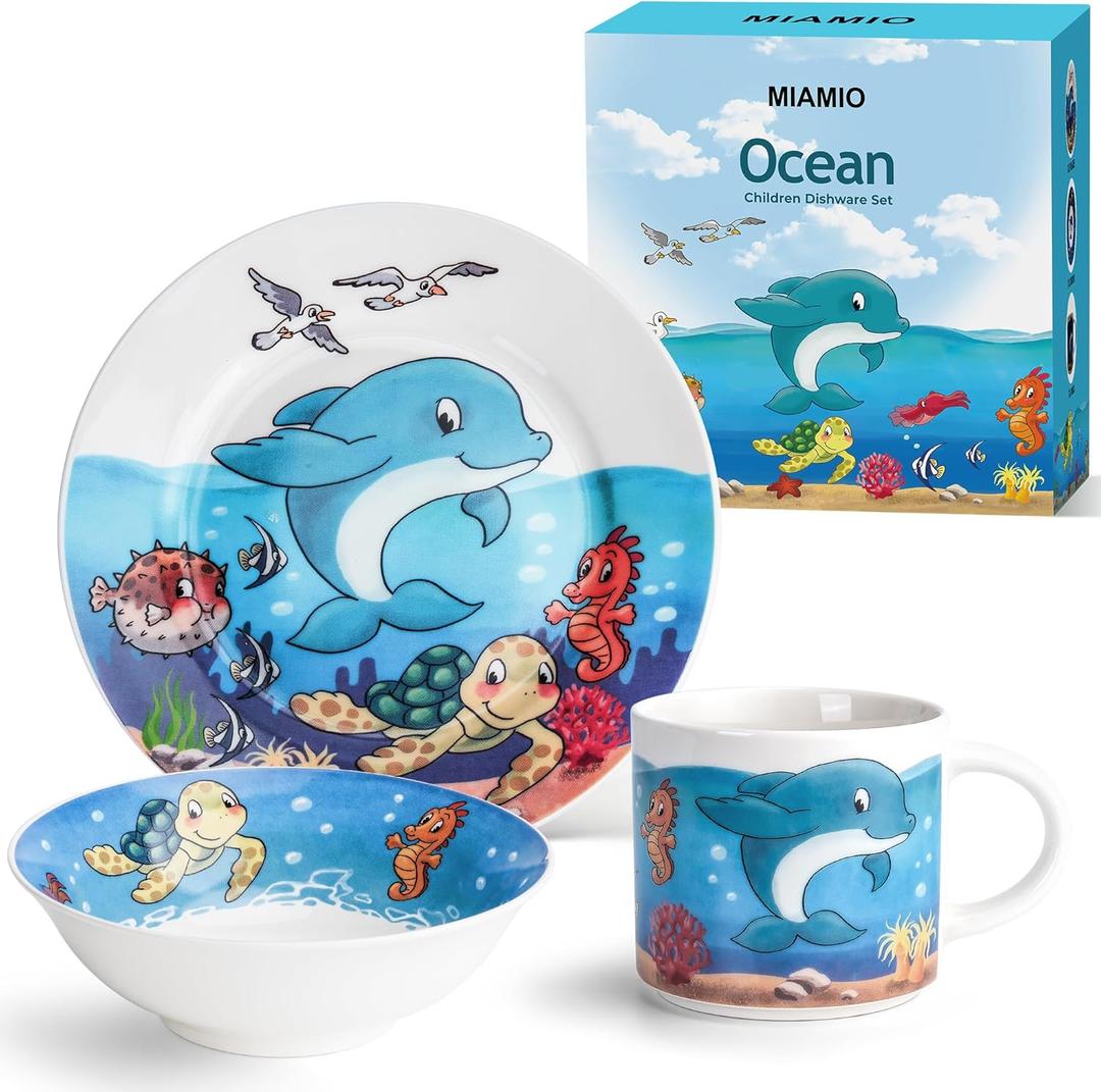 MIAMIO Set of 3 Kids Dinnerware Set/Porcelain Children Dishes, Kids Dish Set, Childrens Tableware Set - Includes Plate, Bowl and Cup For Kids and Toddler (Ocean)
