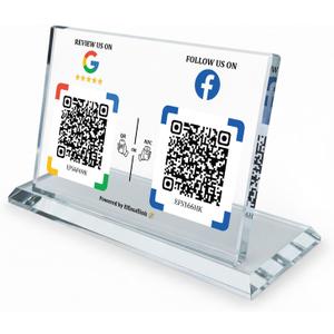 Dual Social Media Crystal Stand with NFC & QR Code - Compatible with Google Review Page & Facebook, Boost Business Reviews & Social Media Following, No App, No Subscription, Lifetime Promotional Desktop Decor for Business (GG+FB)