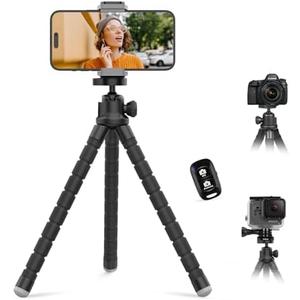 Aureday Cell Phone Tripod, Flexible Mini Tripod with Remote and Cold Shoe, Small Tripod Stand for Video Recording, Vlogging, Compatible with Microphones,Cellphone,Camera,Gopro Black