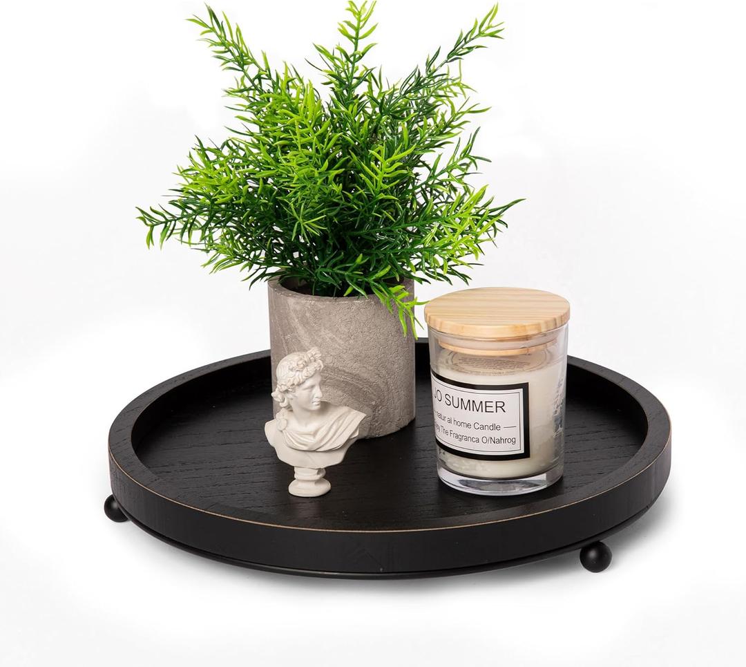 GENMOUS 12in Decorative Tray for Home Decor - Black Wood Iron Bead Round Tray for Coffee Table, Rustic Wooden Tray, Farmhouse Trays Centerpiece for Living Room, Kitchen Table Dining Decor