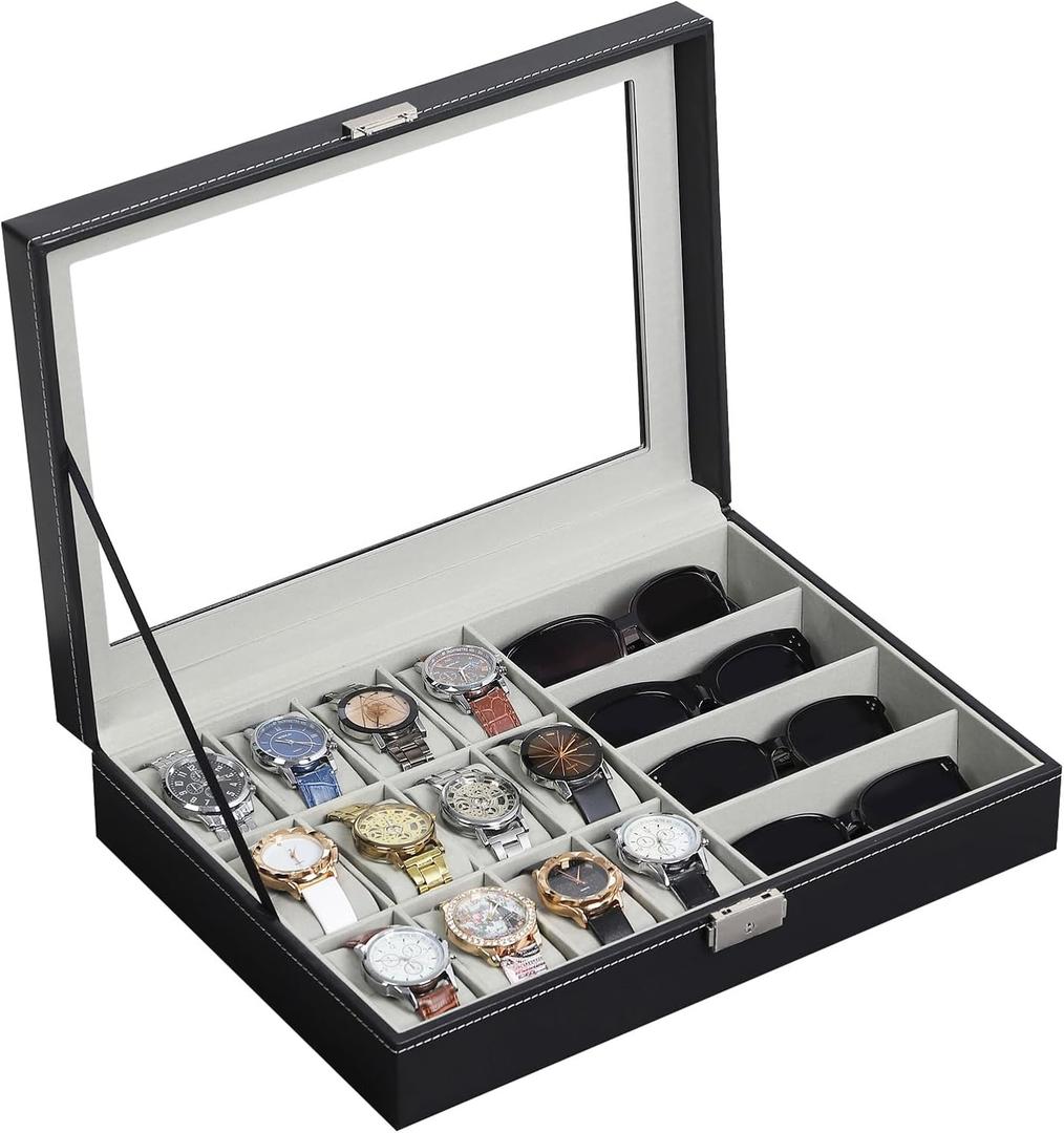 AUTOARK Leather 12 Watch Box Jewelry Case and 4 Piece Sunglass Eyeglasses Organizer,Mens Women Storage Holder Boxes,Large Glass Top,Black,MKAW044 (16 Slot)