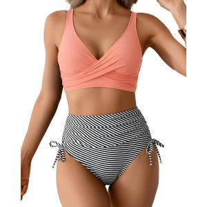 Women's High Waisted Two Piece Swimsuit Twist Front Bikini Sets | Tummy Control, 2 Piece, Push Up, Removable Pads, Wireless, Lace-up Back, Beachwear, Summer Holiday Outfits (Pink, M)