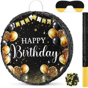 Sinmoe Birthday Piata with Stick Blindfold and Confetti Large Piata for Adult Men Women Birthday Party Supplies Decoration Wedding Anniversary(Black and Gold)