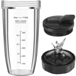 Blender Replacement Parts for Ninja, 24oz Ninja Blender Cup Replacement with To-Go Lid & 7-Fins Extractor Blade for Nutri Ninja Blenders BL2012 NN100-30 BL480-30 BL640-30 BL642-30 BN801 3pcs