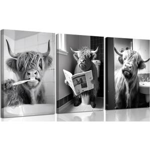 3pcs Funny Highland Cow Bathroom Canvas Wall Art Black and White Cute Cow Animal Painting Picture Wall Decor Rustic Farmhouse Cow in Toilet Poster Print Artwork for Bathroom Restroom Home Decoration
