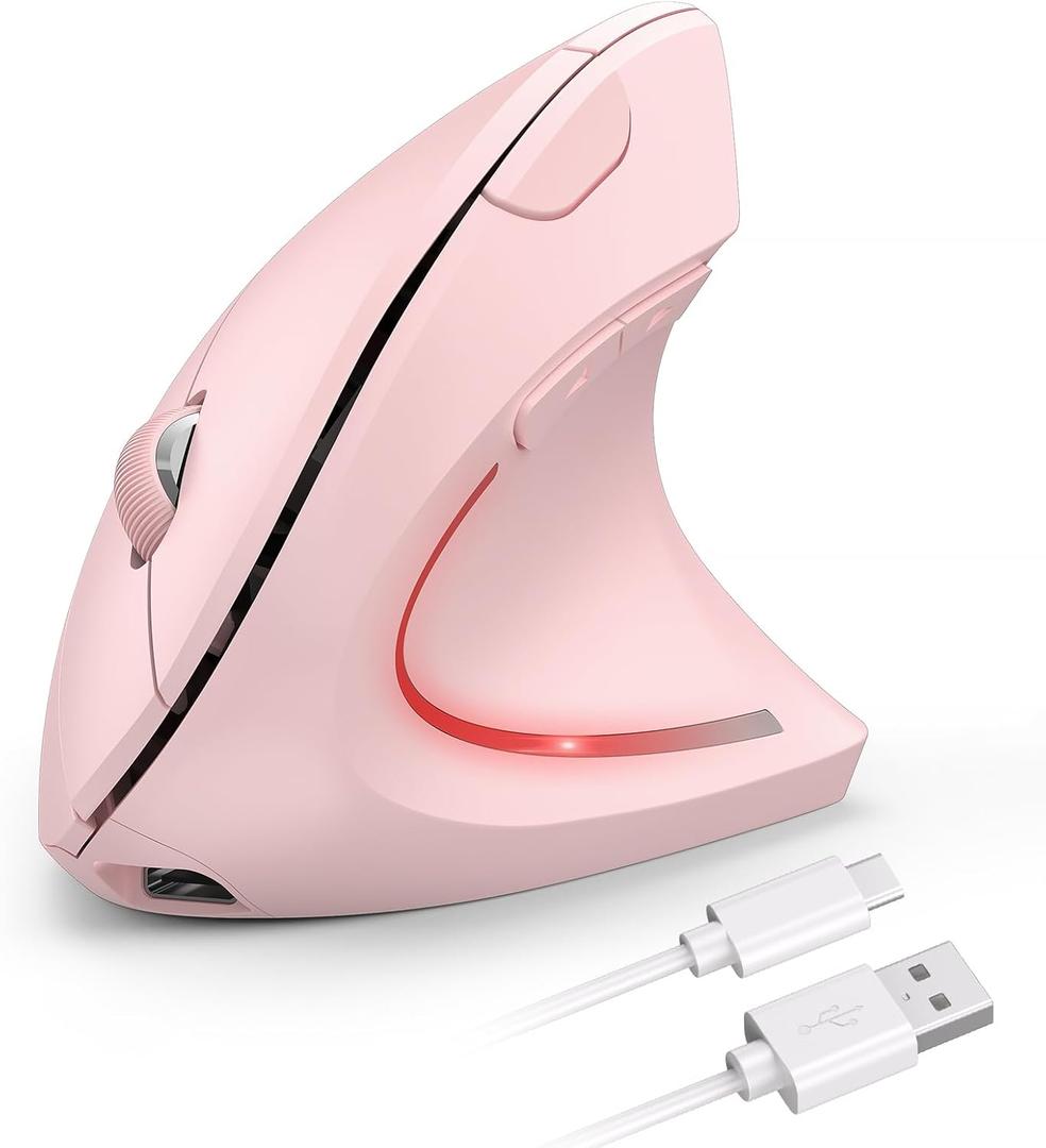 TECKNET Ergonomic Mouse Wireless, Rechargeable Mouse Silent for Carpal Tunnel Right Hand, 2.4GHz USB Vertical Mouse Wireless for Laptop, 5 Adjustable 4800 DPI, Computer, MacBook, Desktop (Pink)
