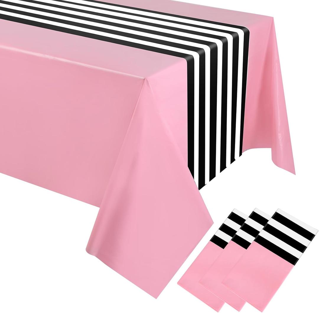 Oudain 3 Pcs Striped Tablecloth 108 x 54 Inch Disposable Plastic Table Cloth Waterproof Tablecloth Rectangle Table Cover for Birthday Wedding Bridal Party Supplies (Black White Pink)