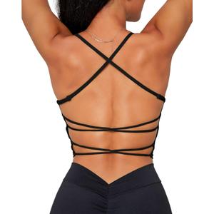 Danysu Womens Backless Halter Crop Top Padded Sports Bras Light Support Strappy Sexy Workout Tank (Small, #2.crisscross Black)