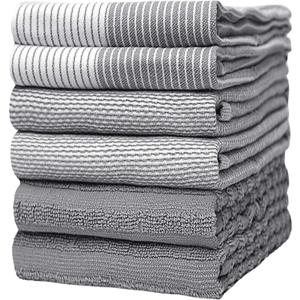 6 x Premium Kitchen Towels (20x 28, 6 Pack) | Large Cotton Dish Towels | Flat & Terry Highly Absorbent Kitchen Linen Set with Hanging Loop | Gray
