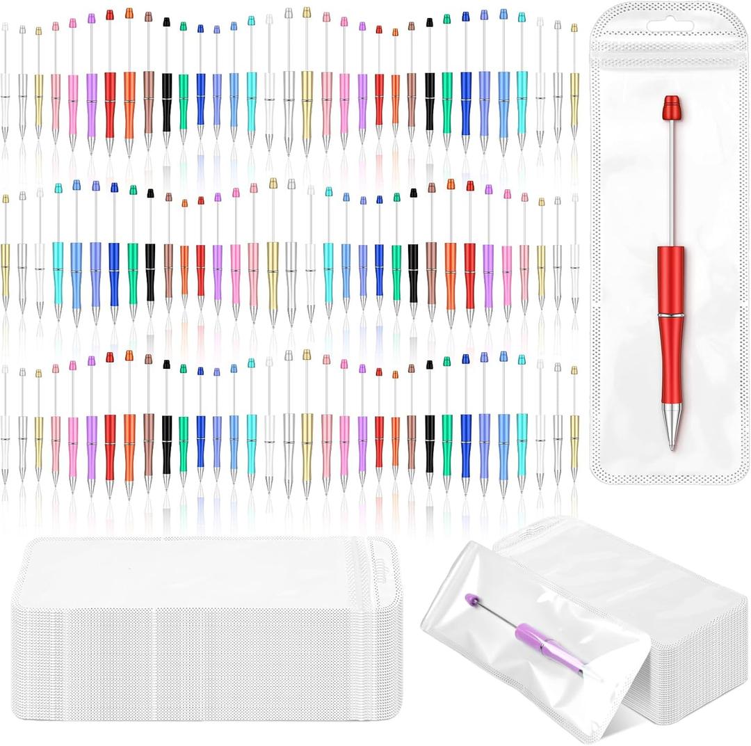 Dispowreath 300 Pcs Beadable Pens Kit Plastic Beaded Pens DIY Making Kit Bulk with Refills Bags Black Ink for School Decorative Supplies Office Accessories