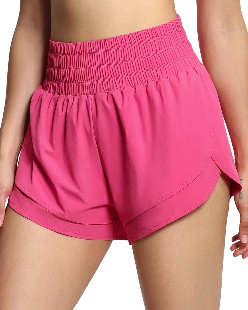 THE GYM PEOPLE Women's High Waisted Running Shorts Mesh Liner Gym Shorts | High waist, Quick dry, Zip pocket and hidden pockets, Mesh liner, for running, gym and daily wear (Pink, XL)