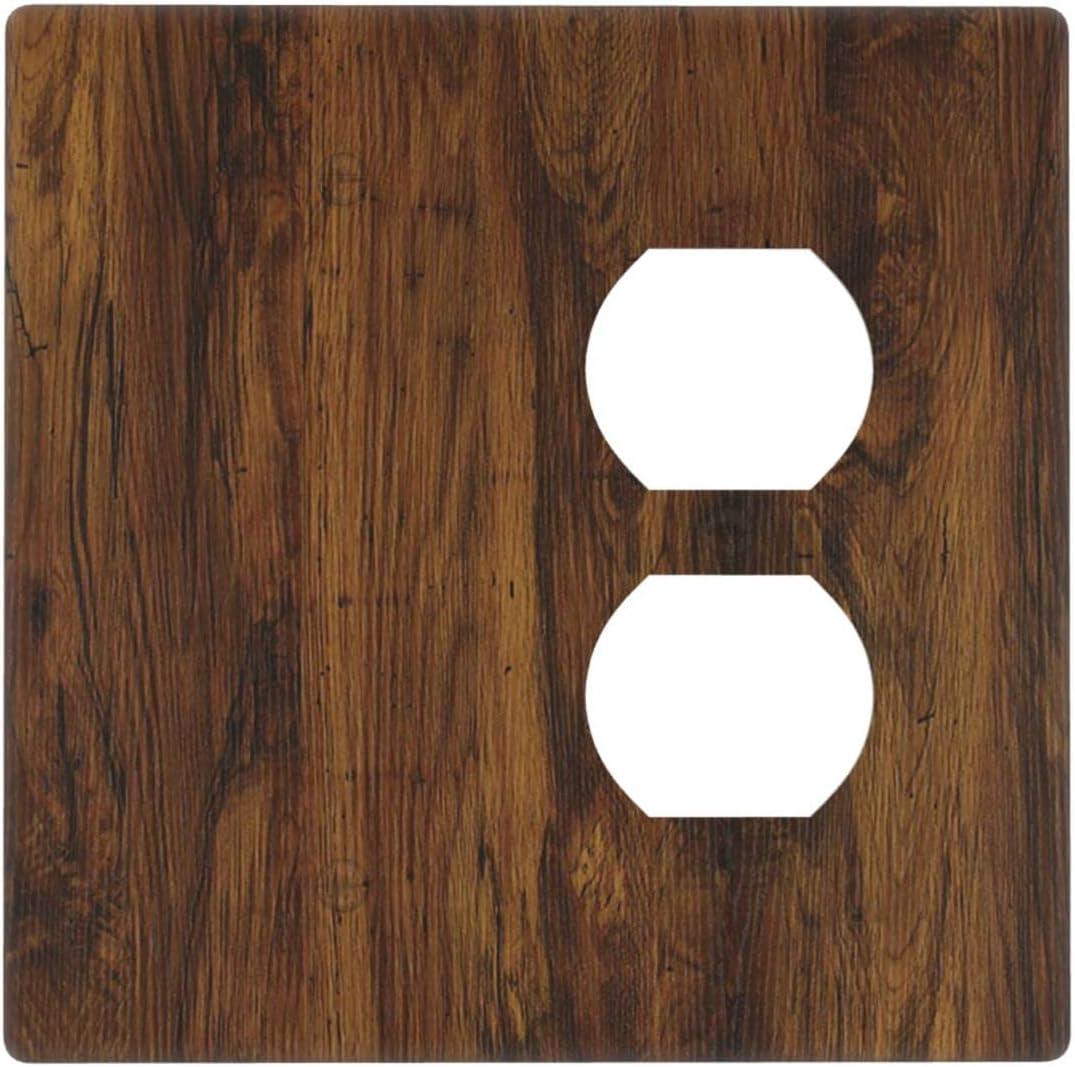 Rustic Farmhouse Brown Wood Texture Light Switch Cover Decorative 2 Gang Wall Plate 1 Blank 1 Duplex Outlet Covers Switch Plate for Home Kitchen Bedroom Bathroom Decor Standard Size 4.5 X 4.5 Inch (Blank/Outlet)
