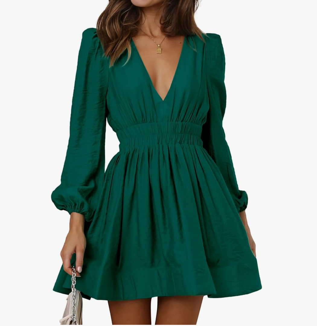 FAIABLE Mini Deep V Sexy Long Sleeve Dress for Women A-line High Waisted Casual Flowy Dress for Cocktail Wedding Guest, M