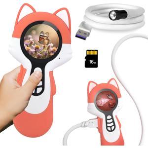 2 in 1 Digital Microscope for Kids with Endoscope, Learning Toy for Children, Ideal Gift for Kid, Christmas Stocking Stuffers for Kids, Dual-Lens, Fox
