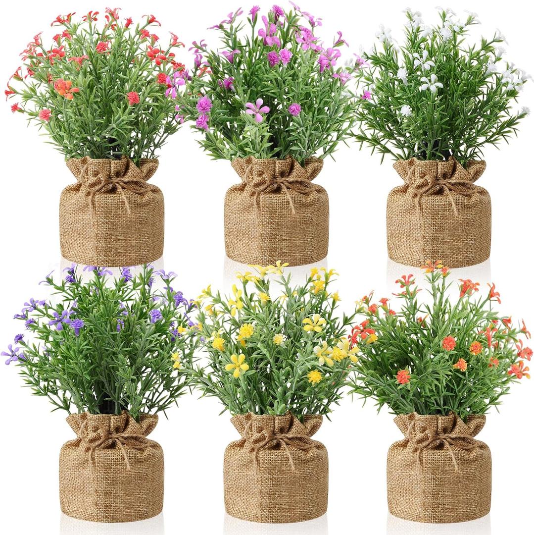 Yunlly 6 Pcs Artificial Flowers in Small Burlap Potted Faux Flowers Simulation False Plants Small Bonsai Creative Home Decoration Ornaments Kitchen Dining Room Fake Plants Indoor Outdoor