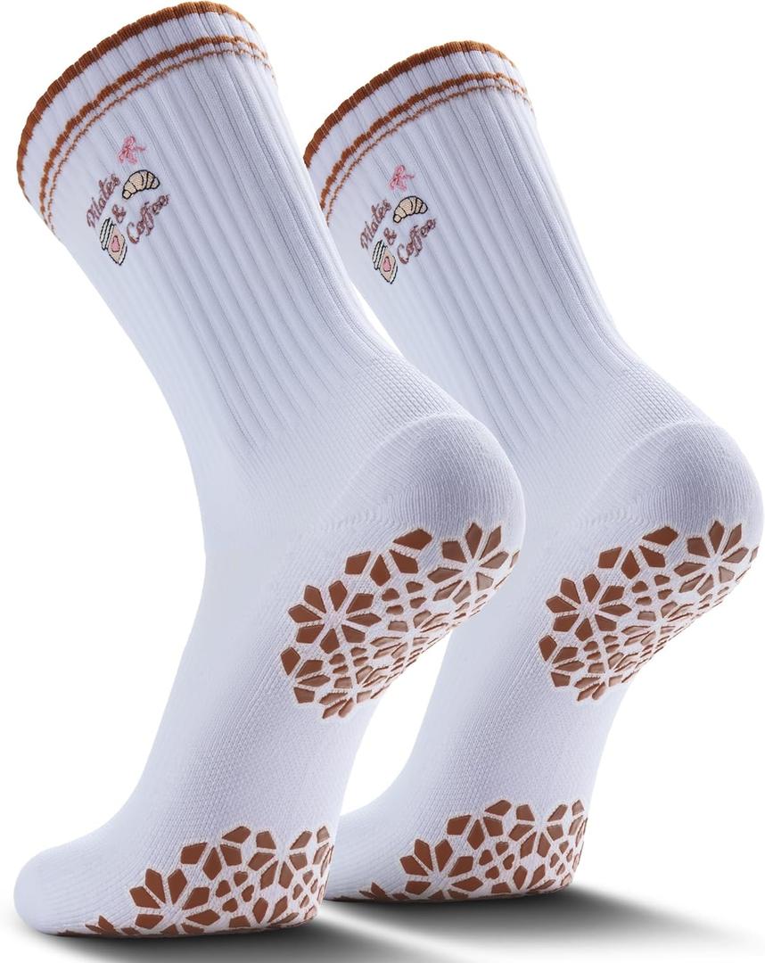 Pilates Grip Socks for Women - Embroidery Athletic Crew, Non-Skid Sticky Soles for Yoga, Barre, Workout & Hospital (White)