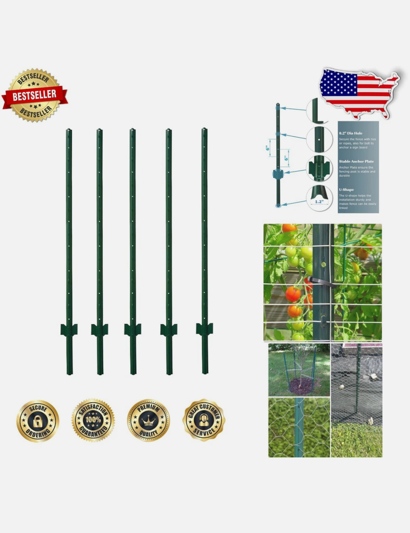 Durable 5ft U-Channel Steel Fence Posts - 5 Pack for Garden & Sign Support