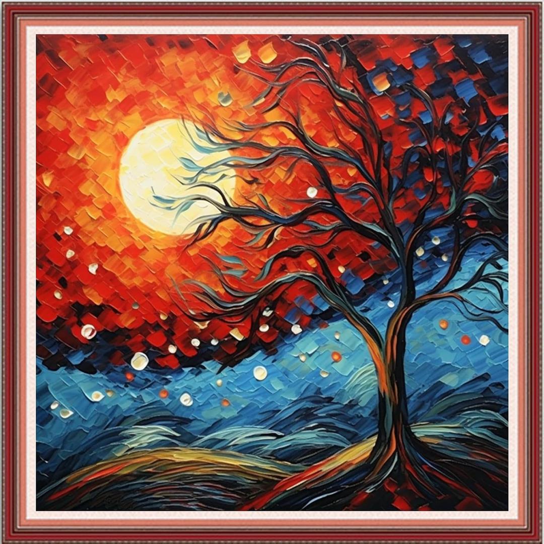 DMCVIVR Stamped Cross Stitch Kits for Beginners Adults Needlepoint Kits for Beginners Embroidery Kits for Adults Crossstitch Kit for Beginners 11CT-Moon Tree 18x18 inch (Artdesign12)