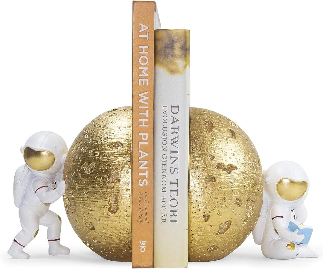 Heavy Duty Astronaut Bookends, Space-Themed Book Ends for Kids Room & Nursery Decor, Gold Moon Book Stoppers to Hold Books, Decorative Bookends for Shelves, Ideal for Boys and Girls