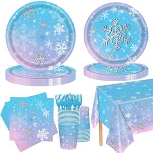 126 Pcs Frozen Birthday Party Supplies Disposable Winter Snowflake Paper Plates Napkins Cups Forks Tablecloth for Christmas Winter Wonderland Frozen Birthday Party Decorations Serves 25