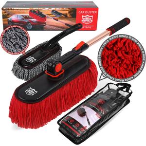 Car Duster Exterior Scratch Free,Car Dust Brush with Extendable Telescoping Handle to Remove Dust Pollen,Duster for Car,Truck,RV and Motorcycle,Large Auto Mop Duster Head, Wax Cotton Hair (Red Set-cotton)
