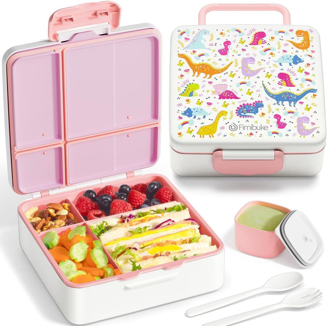 Fimibuke Bento Lunch Box for Kids, Leak Proof Toddler Bento Box with 4 Compartments BPA Free Dishwasher Safe Lunch Container with Utensils, Ideal Portion Sizes for Ages 3-12 Girls Boys for School (A13. White Dinosaur)