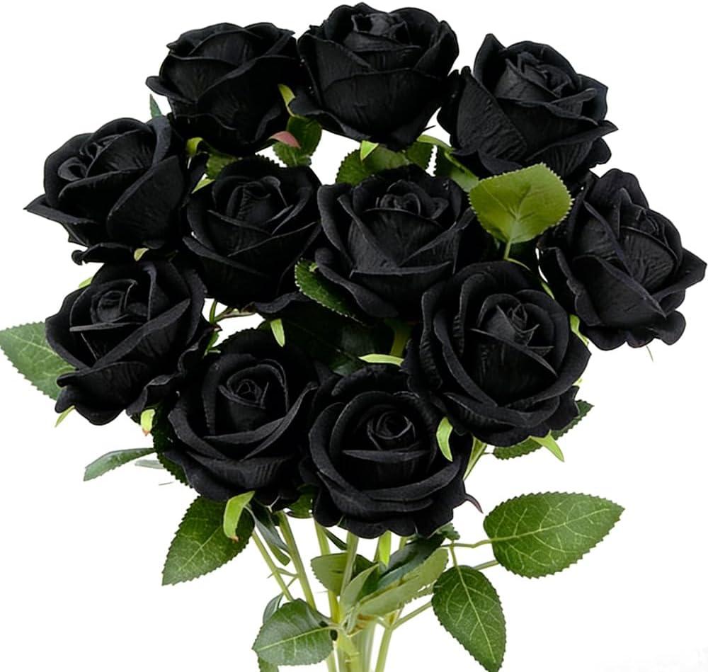 Jasion 12PCS Artificial Roses Realistic Velvet Silk Flowers Long Stem Faux Flowers Bouquet for Wedding Home Party Table Centerpieces Decorations (Black)