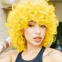 Short Curly Wigs for Black Women Soft Black Big Curly Wig with Bangs Afro Kinky Curls Heat Resistant Natural Looking Synthetic Wig for African American Women (Yellow)