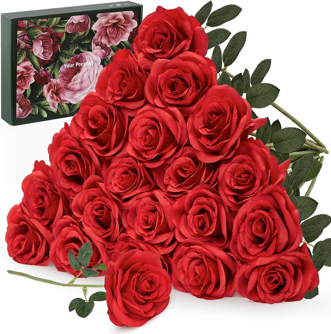 20PCS Artificial Red Roses, 3.9'' Silk Flower Head Fake Red Rose with Long Stems, Realistic Faux Roses Bouquet for DIY Wedding Home Party Office Decoration