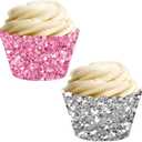 Andaz Press Party Cupcake Wrapper Decorations, Pink And Silver Glitter Paper, 24-Pack, Bulk Cake Supplies Pink Cupcake Wrappers Girl Baby Shower 1st Birthday, Not Real Glitter Silver Cupcake Wrappers