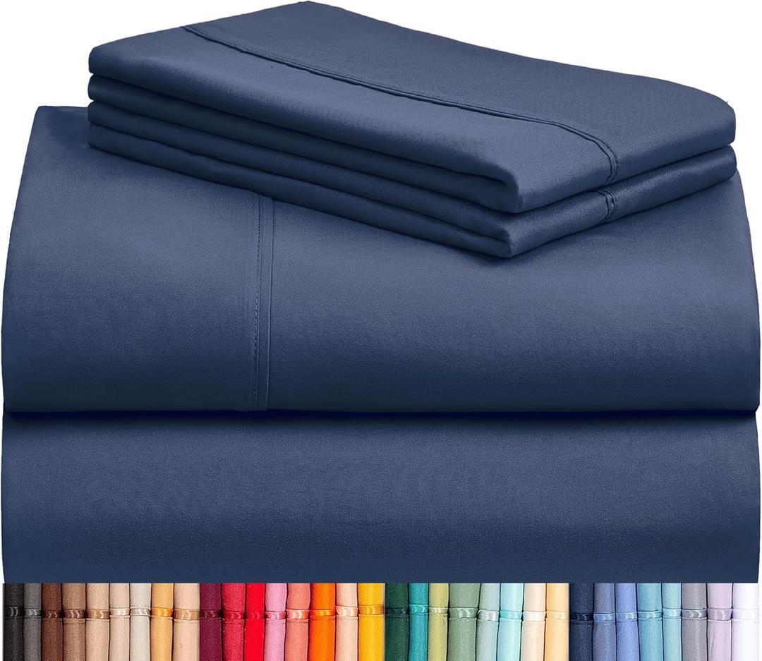 LuxClub 4 PC King Sheet Set, Deep Pockets Wrinkle Free Cooling Bed Sheets Hotel Bedding for Women, Men, Includes 1 Fitted Sheet, 1 Flat Sheet and 2 Pillowcases-Soft Navy