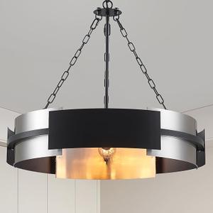 Avzkcy Modern Drum Chandelier, 26Inch Industrial Light Fixture 5Light Nickel and Black Drum Pendant Lighting Height Adjustable for Dining Room, Kitchen, Living Room, Office, Foyer