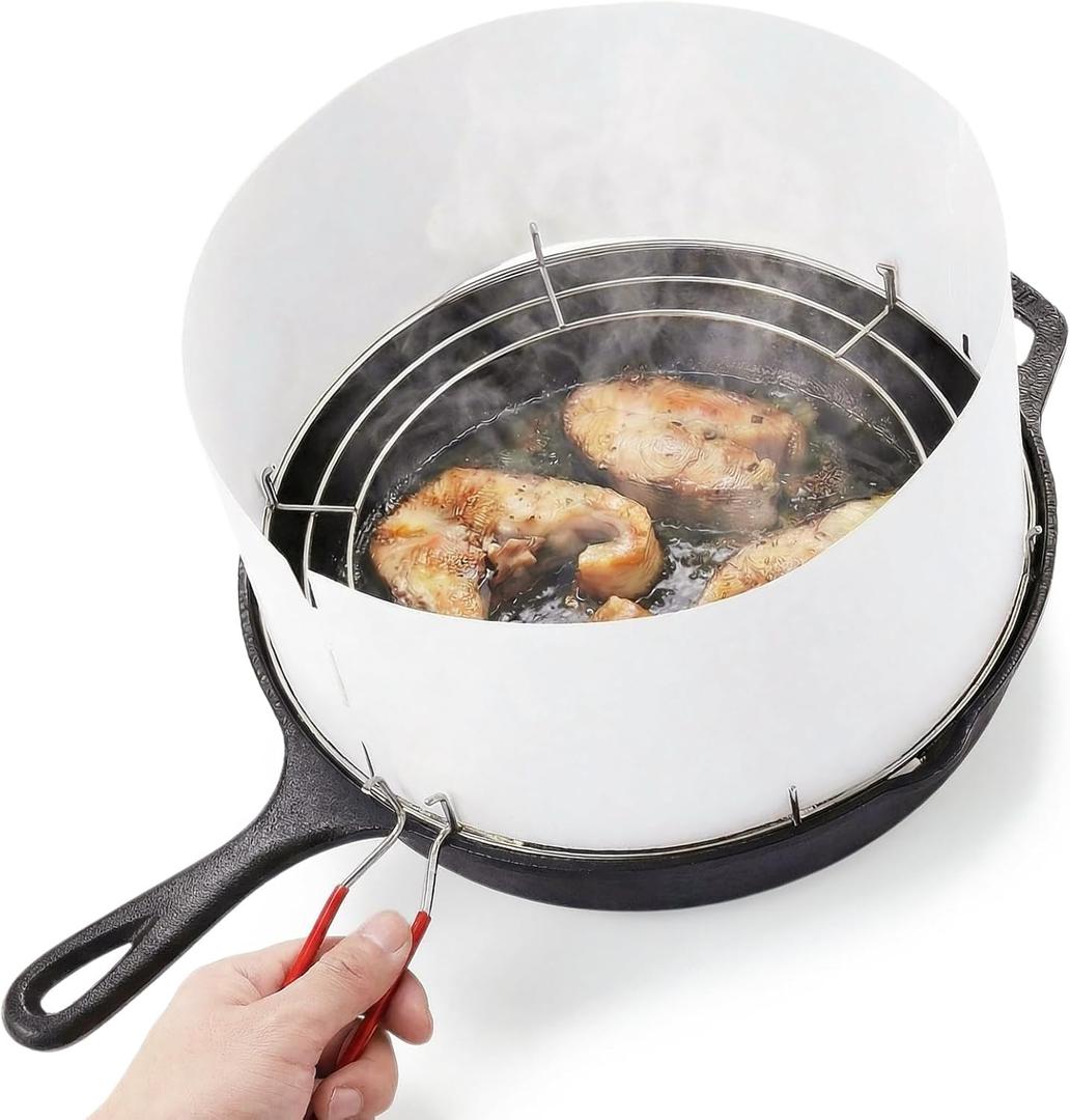 Splatter Guard for Frying Pan 10-13 Inch Pan Protector Grease Splatter Screen Set with Chrome-plated Iron Frame & 2 White PP Sheets Oil Splash Shield for Cooking & Frying