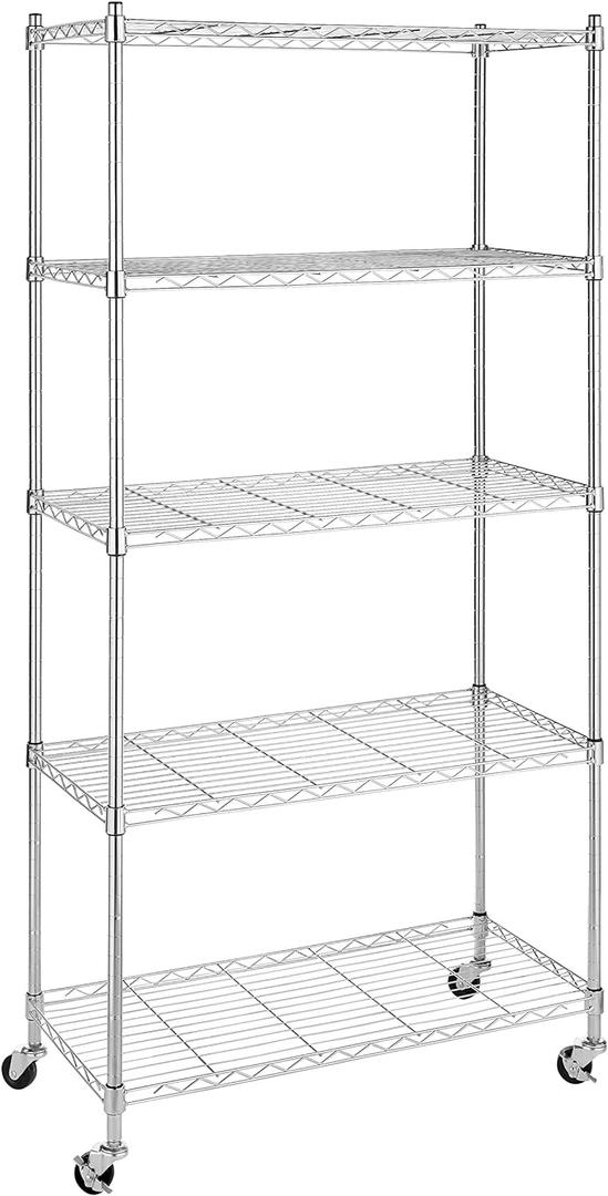 Whitmor 5 Tier Shelving Unit, Adjustable Storage Shelves with Wheels, 400 lbs Capacity per Shelf, Max 2000 lbs Total for Pantry, Kitchen, Garage, 30" L x 14" W x 60" H, Chrome