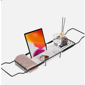 MARBBNEST Bathtub Tray Caddy for Luxury Bath Expandable Extra Wide Bath Tub Tray with Natural Marble Tray and Mobile/Tablet Stand, Ideal for Home Spa Lovers (Black + Jazz White)