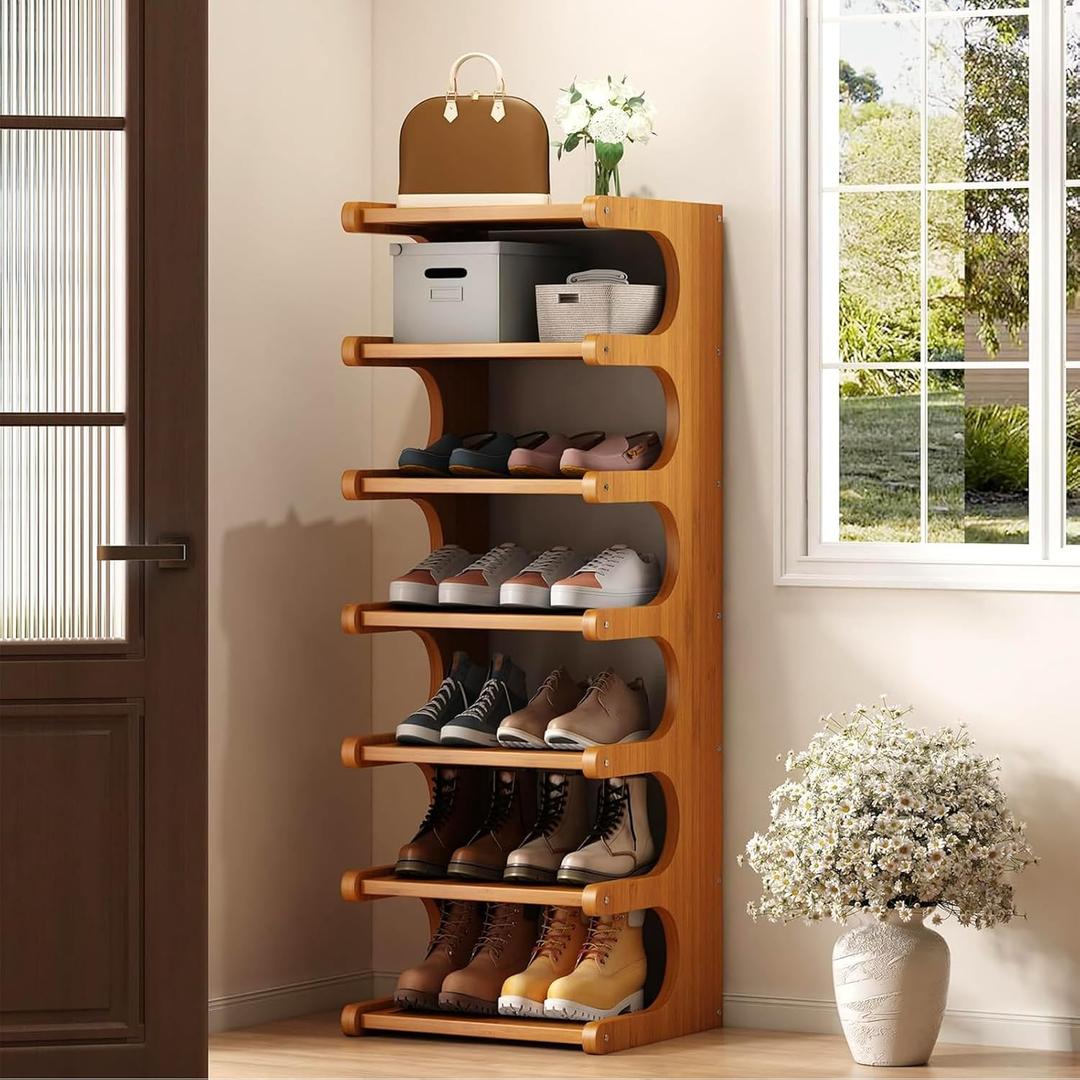 7-Tier Vertical Shoe Rack, Bamboo Free Standing Shoe Rack Shelf, Shoe Storage Stand, Entryway Shoe Tower, Vertical Shoe Organizer for Narrow Closet, Entryway, Hallway, 9.2 x 15.9 x 39 inches