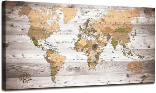 canvas Wall Art 24“x48 lagre map of the world Painting Ready to Hang Framed World Map Artwork Prints for Home